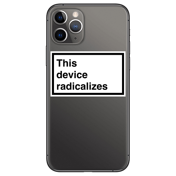 This device radicalizes - 2.5" x 1.5" vinyl sticker for your phone